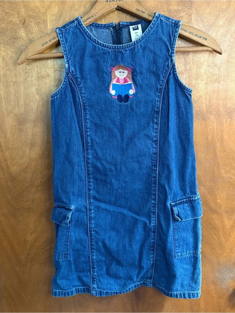 Vintage Gap Kid's Y2K Girl's Denim Jean Jumper Dress Embroidered Book Preppy 7/8